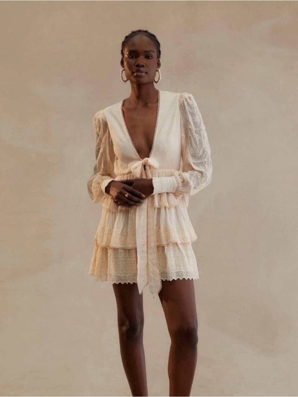 HEMANT & NANDITA Cream Plunging Lace Tiered Mini Dress